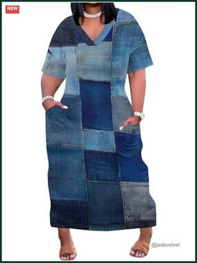 Women's Plus Size Maxi Dress V Neck Short Sleeve Casual Loose Sundress with